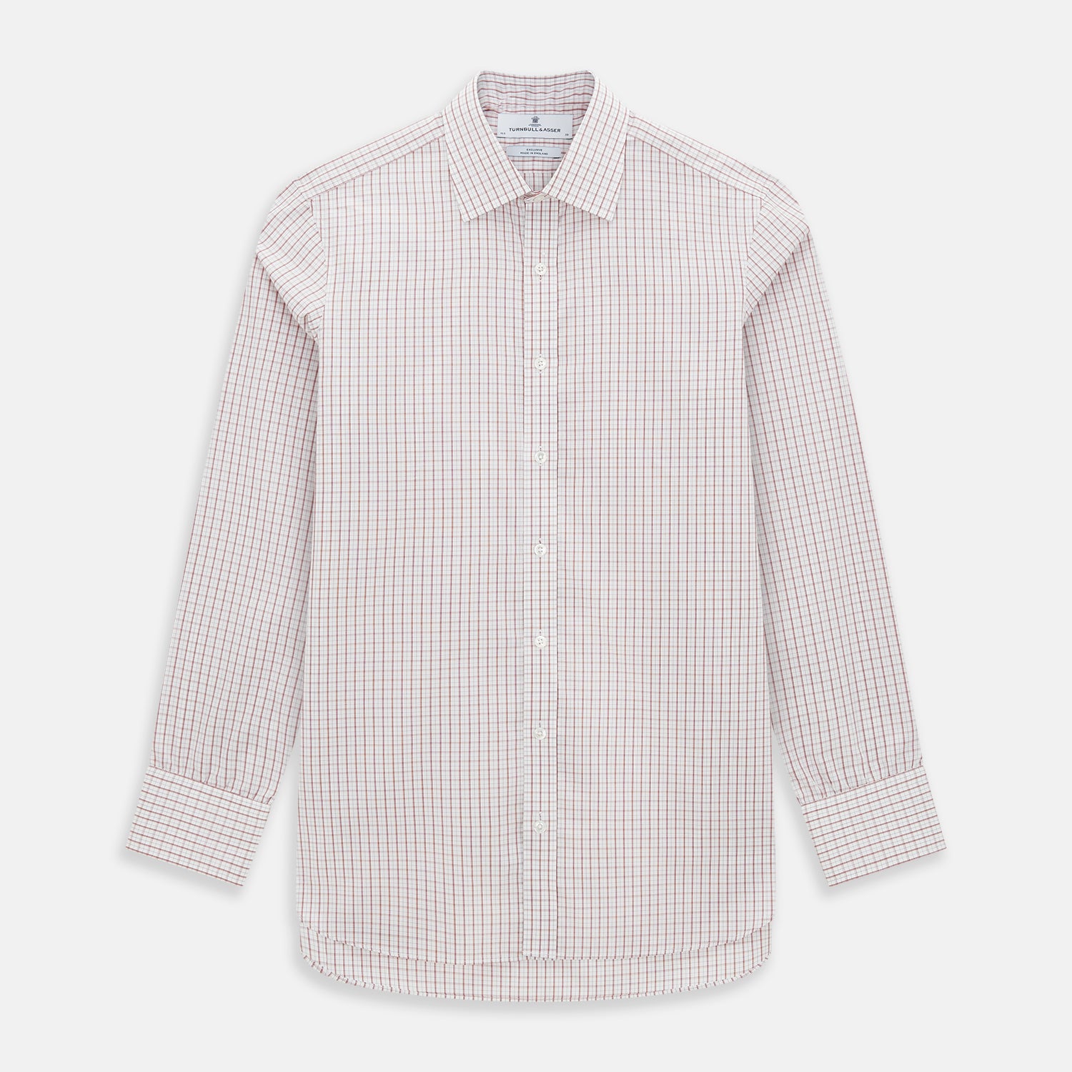 View 1 of product The Turnbull & Asser Red Tattersall Check Mayfair Shirt features long sleeves, a collar, and Italian cotton with a red tattersall check on white, shown flat against a white background.