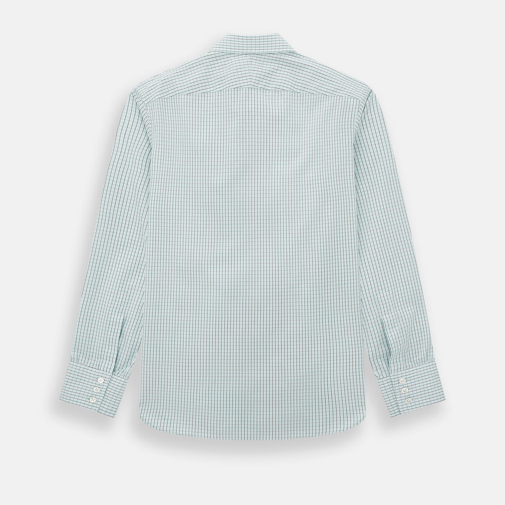 The Turnbull & Asser Forest Melange and Red Overlay Grid Check Westminster Shirt features long sleeves, a pointed collar, and buttoned cuffs, highlighting British craftsmanship. It's shown laid flat against a white background.