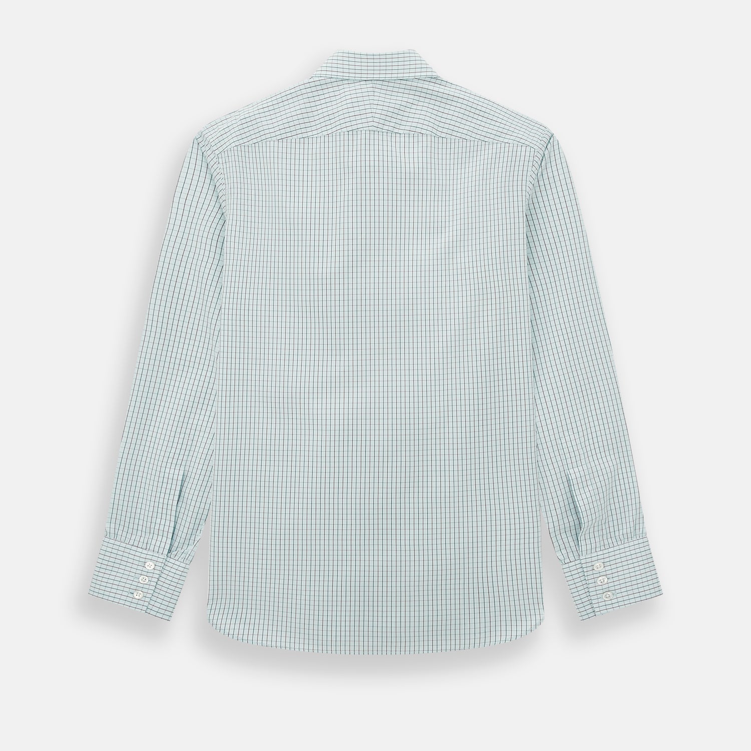 View 3 of product The Turnbull & Asser Forest Melange and Red Overlay Grid Check Westminster Shirt features long sleeves, a pointed collar, and buttoned cuffs, highlighting British craftsmanship. It's shown laid flat against a white background.