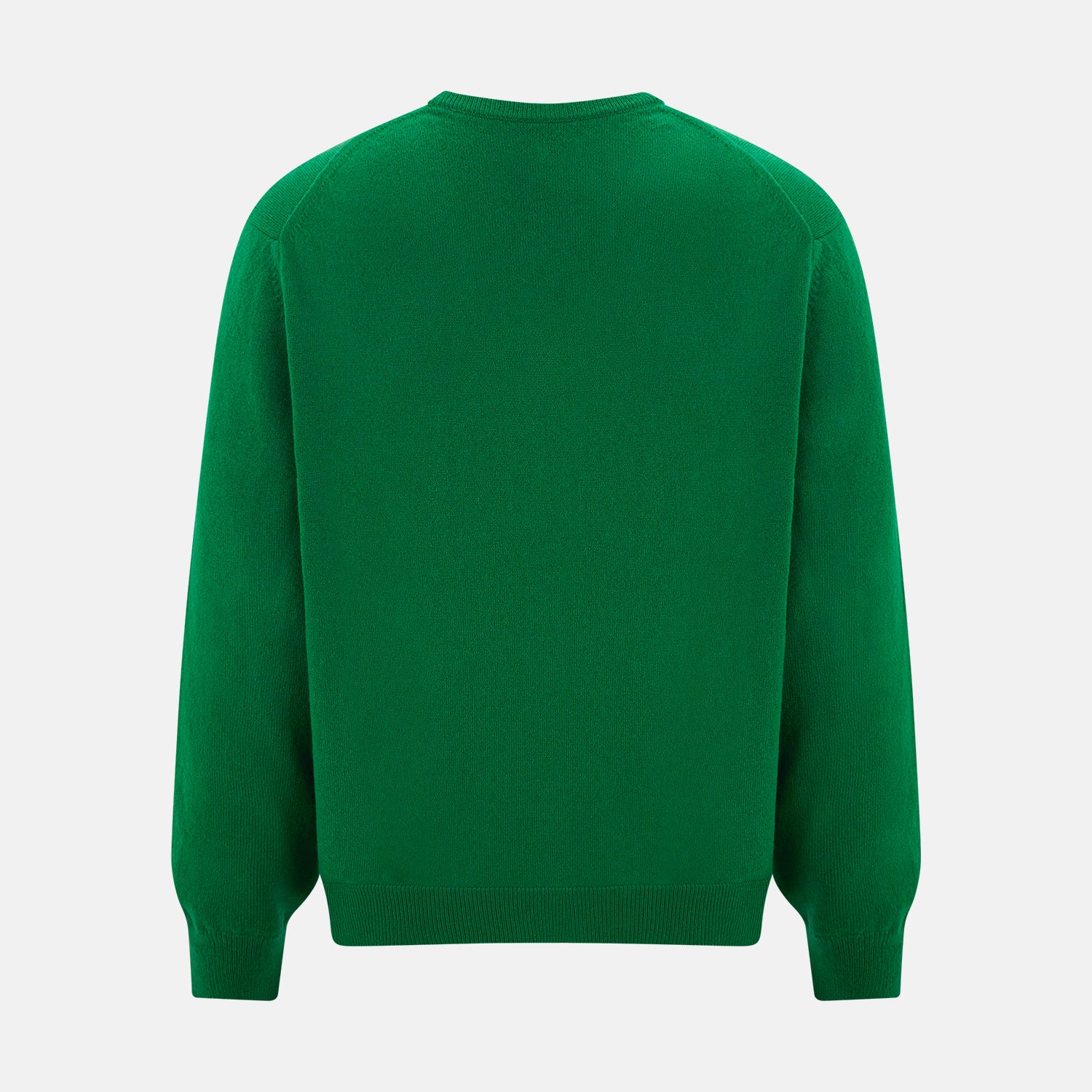 View 3 of product The Turnbull & Asser Grass Green Cashmere V-neck Jumper, with long sleeves, is displayed against a white background, highlighting its classic knitwear style.