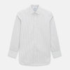 View 1 of product The Turnbull & Asser Midnight Blue and Red Ticking Stripe Mayfair Shirt features long sleeves, a pointed collar, buttoned cuffs, and fine Italian cotton—an essential men's wardrobe piece shown on a plain white background.