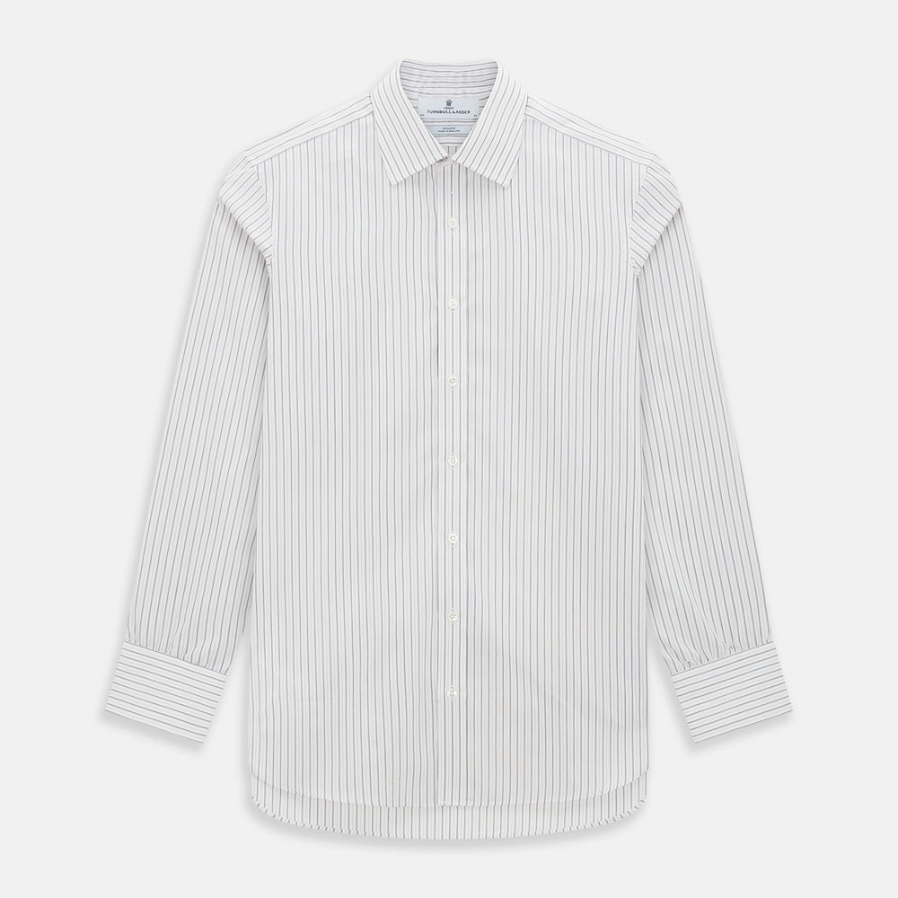 The Turnbull & Asser Midnight Blue and Red Ticking Stripe Mayfair Shirt features long sleeves, a pointed collar, buttoned cuffs, and fine Italian cotton—an essential men's wardrobe piece shown on a plain white background.