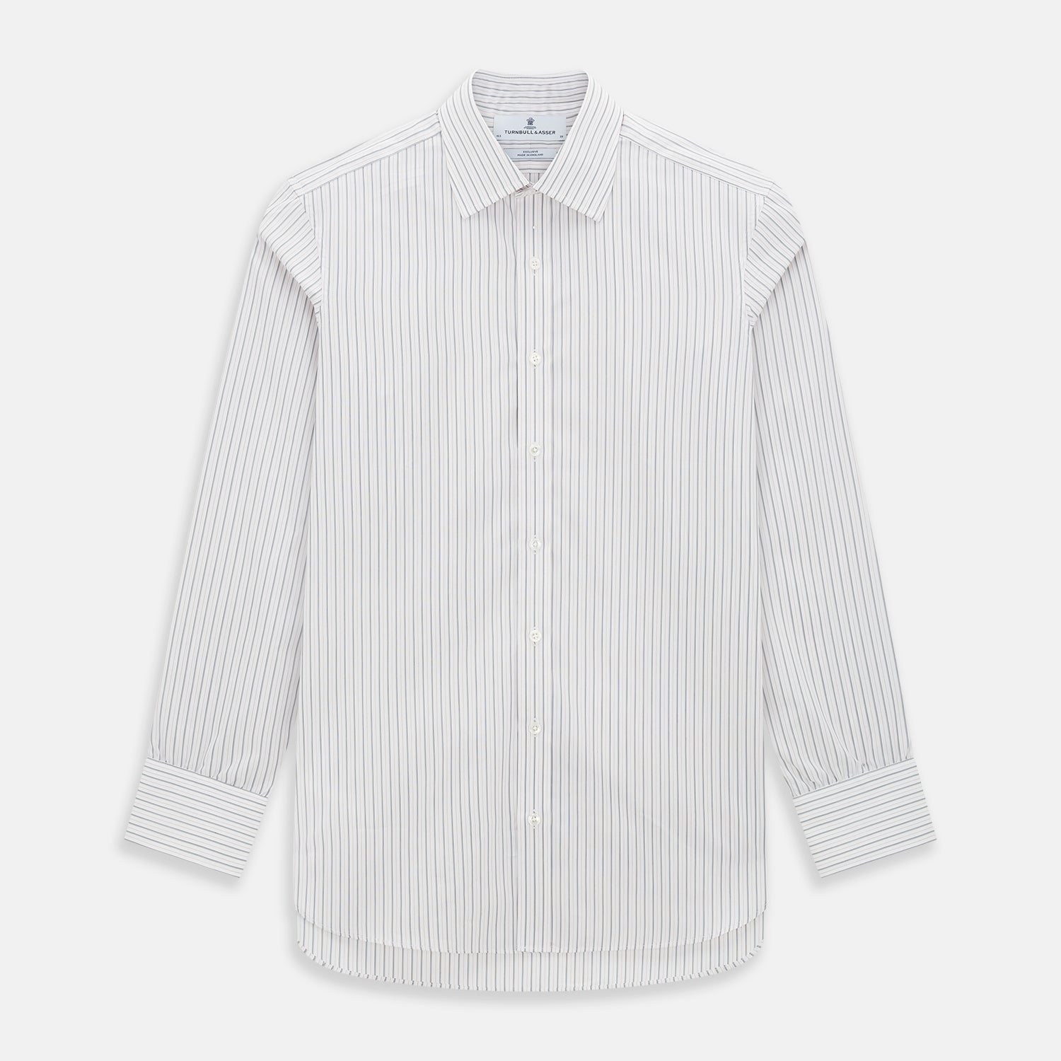 View 1 of product The Turnbull & Asser Midnight Blue and Red Ticking Stripe Mayfair Shirt features long sleeves, a pointed collar, buttoned cuffs, and fine Italian cotton—an essential men's wardrobe piece shown on a plain white background.