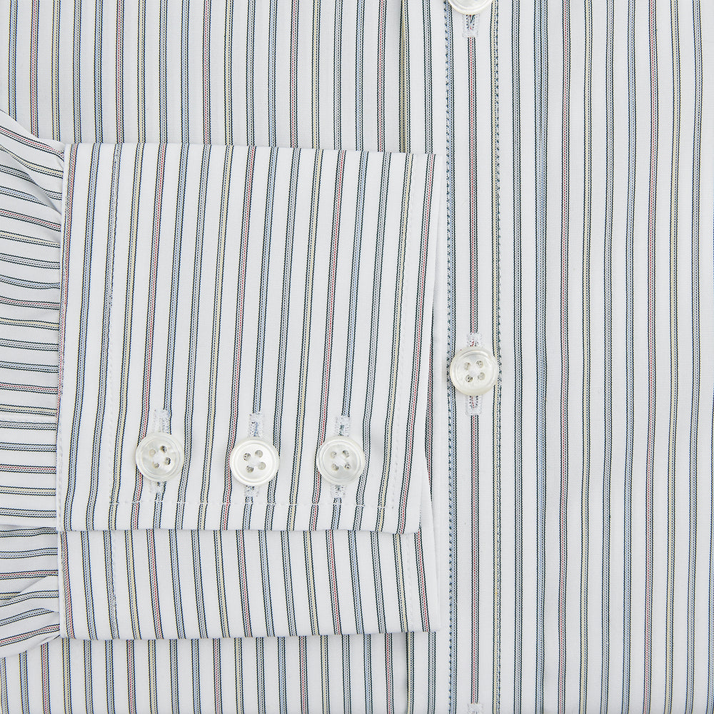 A Forest Green with Multicoloured Music Stripe Mayfair Shirt by Turnbull & Asser, featuring long sleeves, a signature T&A collar, and buttoned cuffs, laid flat on a white background.