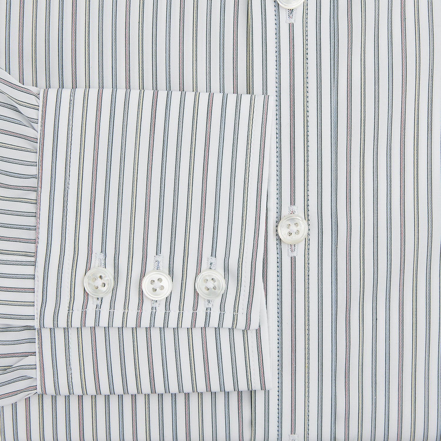 View 4 of product A Forest Green with Multicoloured Music Stripe Mayfair Shirt by Turnbull & Asser, featuring long sleeves, a signature T&A collar, and buttoned cuffs, laid flat on a white background.