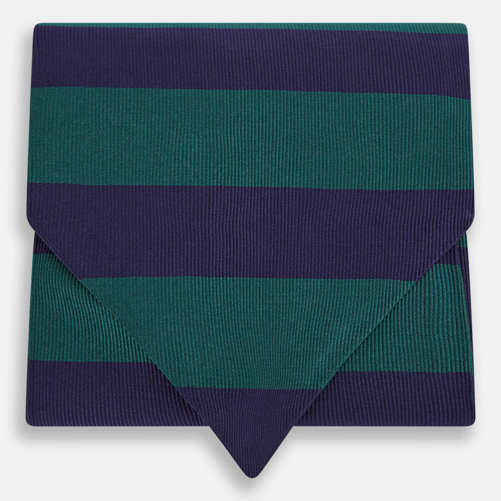 The Wide Green Stripe and Navy Silk Cravat from Turnbull & Asser features bold diagonal stripes in dark green and navy—an ideal wedding accessory for a refined touch of British style.