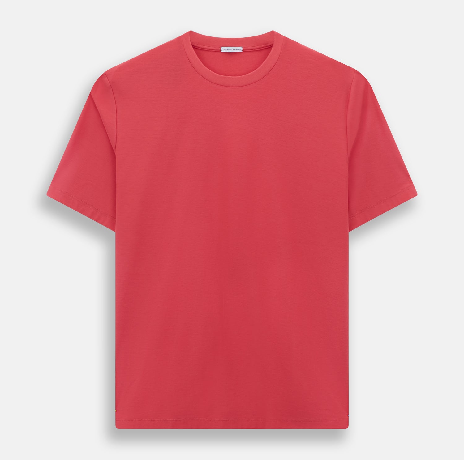 View 1 of product The Turnbull & Asser Honeysuckle Short-Sleeve T-shirt is shown on a white background. This high-quality red tee features a plain design with short sleeves and a crew neckline, offering versatile, logo-free style.