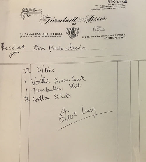 A handwritten receipt on Turnbull & Asser letterhead lists: Received from Eon Productions: 2 ties, 1 voile dress shirt, 1 Turnbull shirt, 4 cotton shirts, signed at the bottom by Clive Long.
