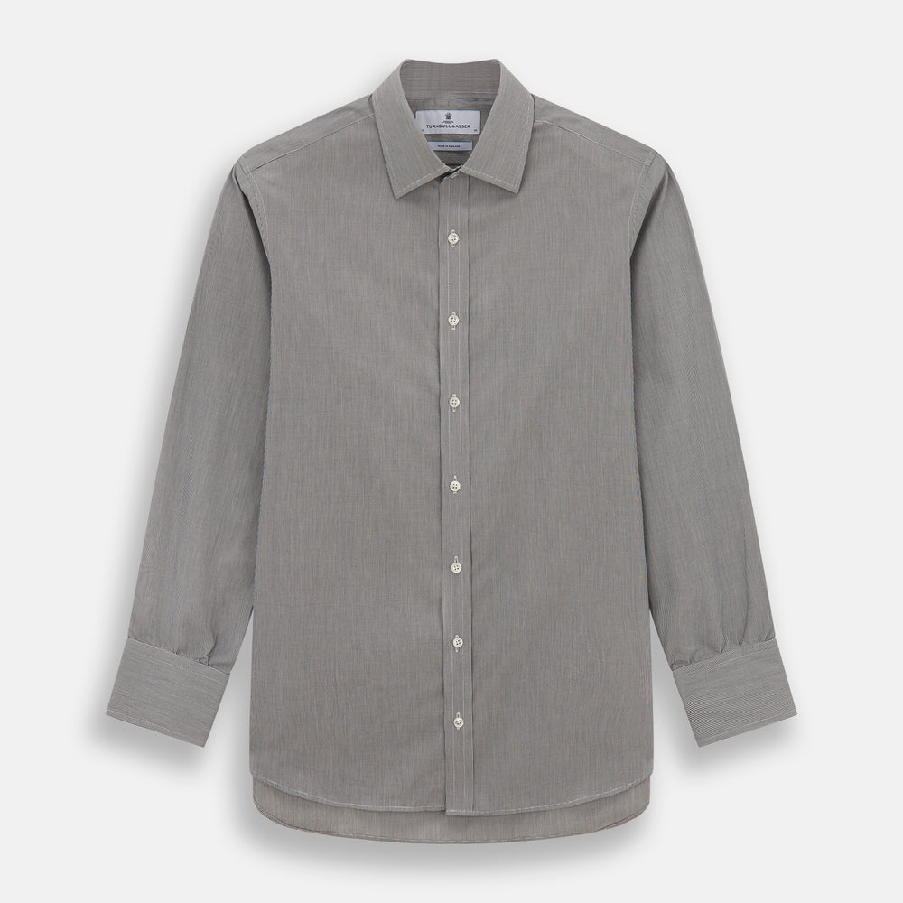 The Turnbull & Asser Navy Fine Stripe Mayfair Shirt, a long-sleeve, button-up with a classic collar, features fine navy stripes and white buttons, shown laid flat on a white background.