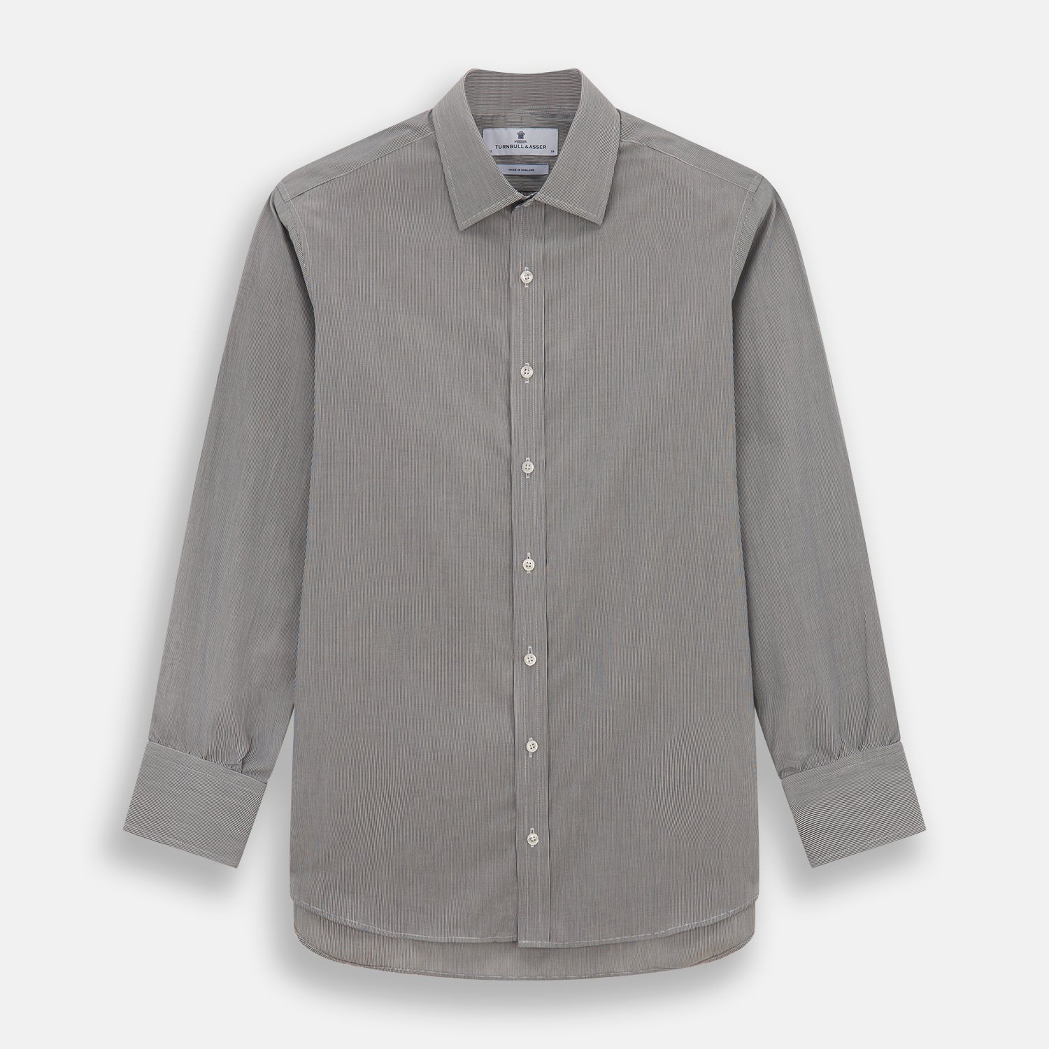 View 1 of product The Turnbull & Asser Navy Fine Stripe Mayfair Shirt, a long-sleeve, button-up with a classic collar, features fine navy stripes and white buttons, shown laid flat on a white background.