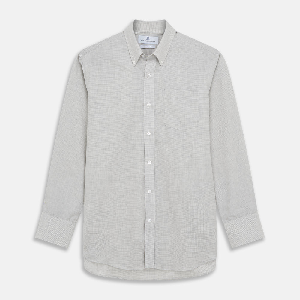 A Grey Fine Check Cotton Blend Weekend Fit Suffolk Shirt by Turnbull & Asser with long sleeves, a collar, and single chest pocket is laid flat on a white background.