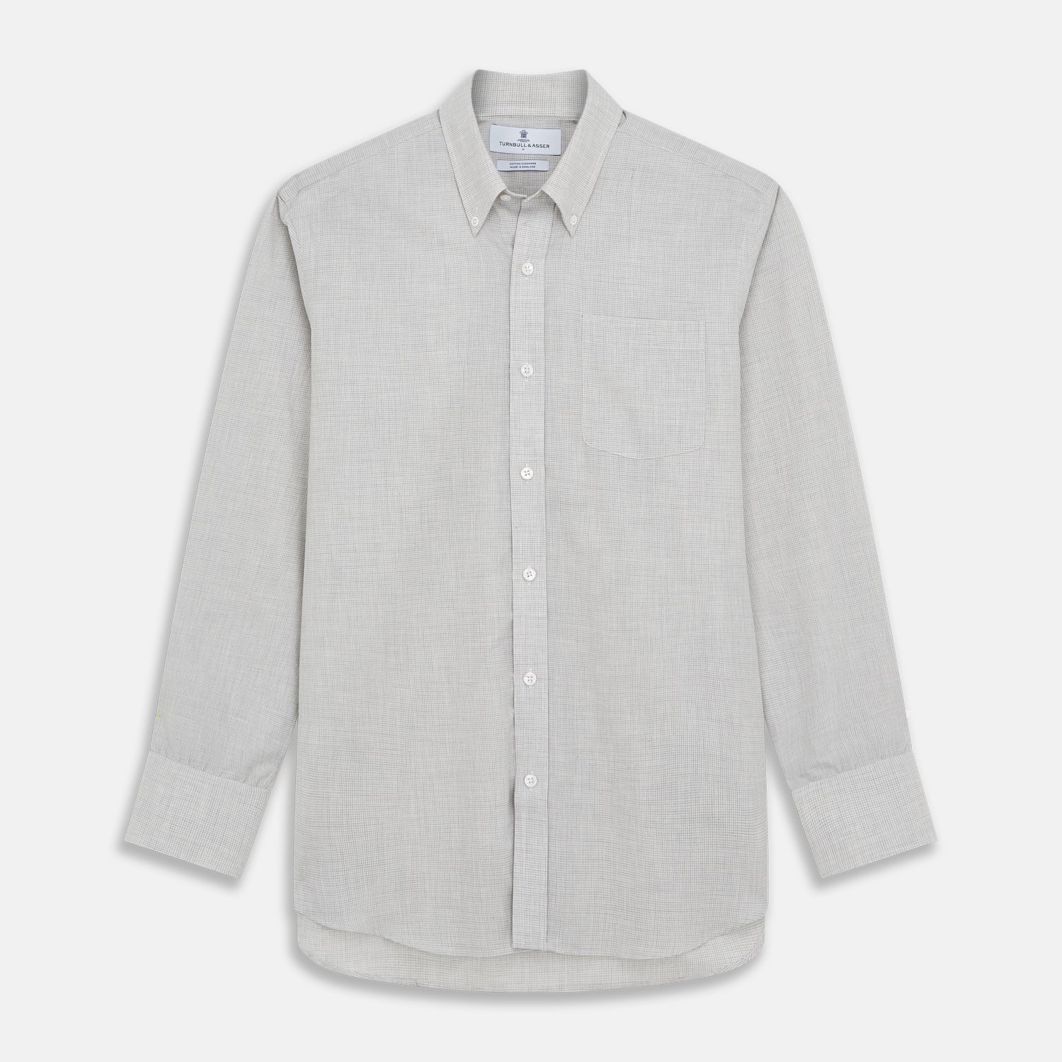 View 1 of product A Grey Fine Check Cotton Blend Weekend Fit Suffolk Shirt by Turnbull & Asser with long sleeves, a collar, and single chest pocket is laid flat on a white background.