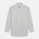 A Grey Fine Check Cotton Blend Weekend Fit Suffolk Shirt by Turnbull & Asser with long sleeves, a collar, and single chest pocket is laid flat on a white background.