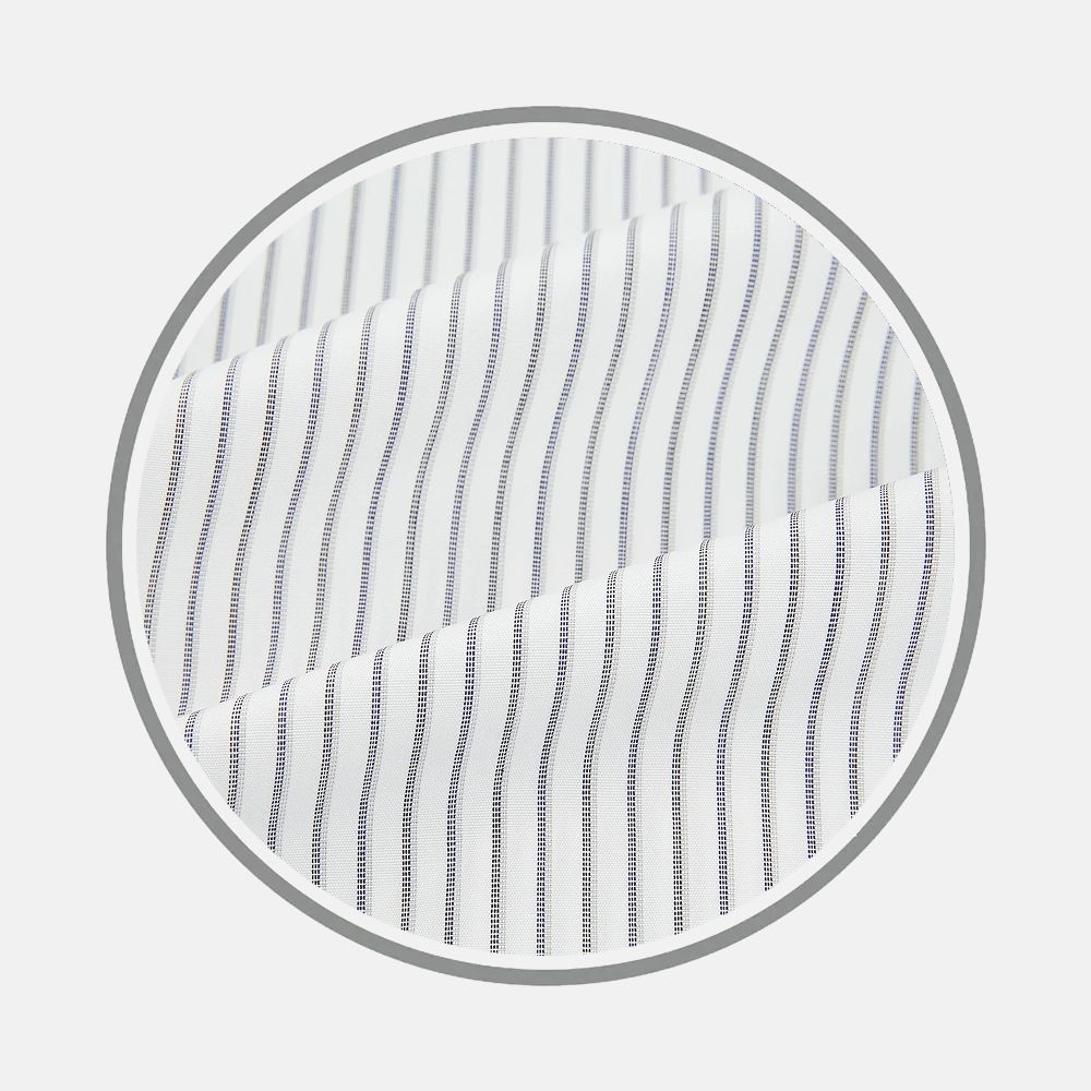Close-up of Turnbull & Asser’s Navy Music Stripe Fabric, featuring evenly spaced thin vertical black stripes on white, shown within a circular frame against a plain white background.