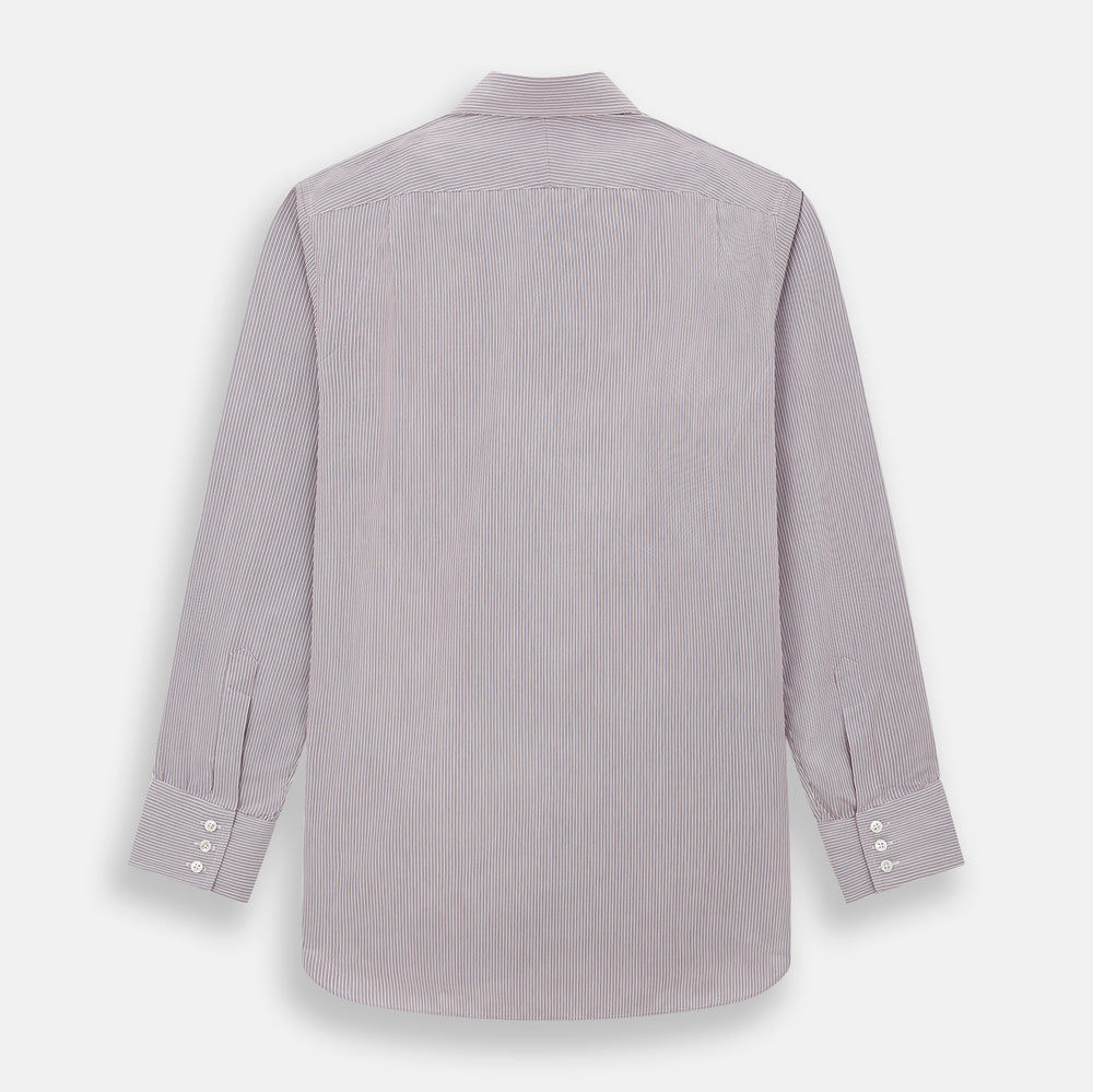 A Red and Pink Ticking Stripe Mayfair Shirt by Turnbull & Asser, featuring a classic T&A collar, buttoned cuffs, and subtle vertical pinstripes, shown on a white background.