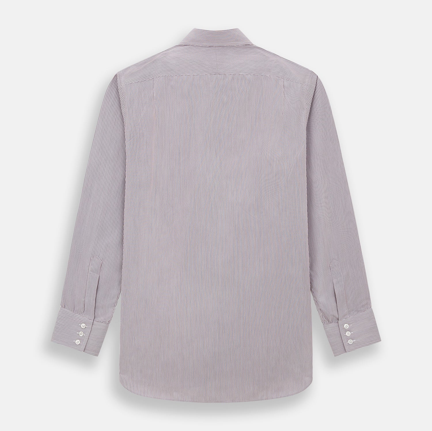 View 3 of product A Red and Pink Ticking Stripe Mayfair Shirt by Turnbull & Asser, featuring a classic T&A collar, buttoned cuffs, and subtle vertical pinstripes, shown on a white background.