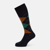 View 1 of product The Turnbull & Asser Navy/Green/Orange Wool Check Mid-Length Sock features a stylish check pattern and is shown on a white background.