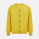 The Turnbull & Asser Canary Yellow Fine Merino V-Neck Cardigan features long sleeves, a button front with brown buttons, and ribbed cuffs and hem, displayed on a plain white background.