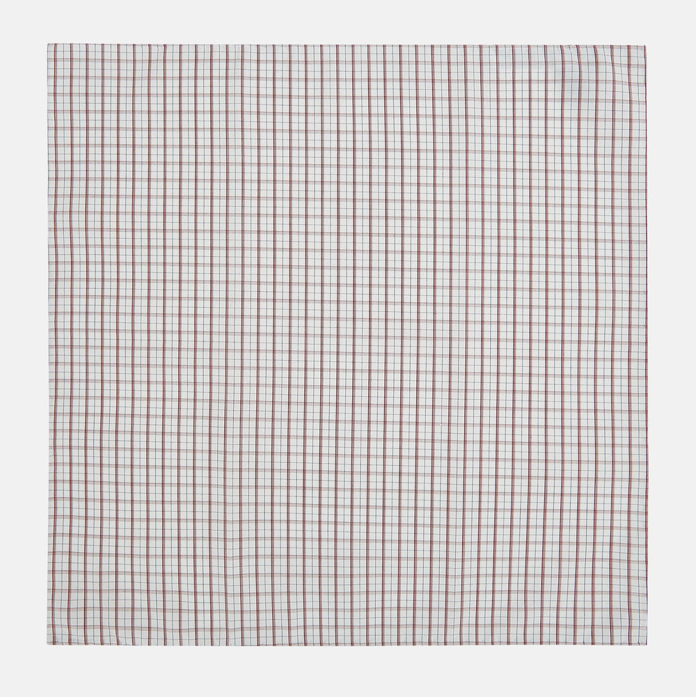 The Turnbull & Asser Red Tattersall Check Hand-Rolled Handkerchief features thin red and blue grid lines on white, laid flat in a rectangular shape and expertly crafted in England.