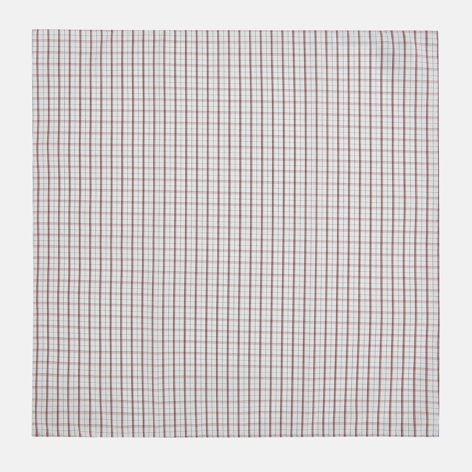 View 1 of product The Turnbull & Asser Red Tattersall Check Hand-Rolled Handkerchief features thin red and blue grid lines on white, laid flat in a rectangular shape and expertly crafted in England.