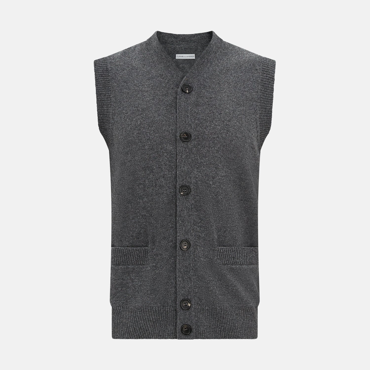 View 1 of product The Turnbull & Asser Charcoal Grey Cashmere Sleeveless Cardigan is a men's knit V-neck vest with ribbed collar, hem, and two front pockets, shown in dark grey melange against a white background.