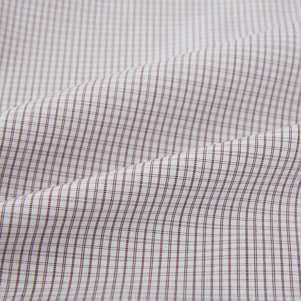 The Turnbull & Asser Burgundy Micro Tattersall Check Mayfair Shirt, crafted from Italian cotton with long sleeves, a button-down front, collar, and buttoned cuffs, is shown on a white background.