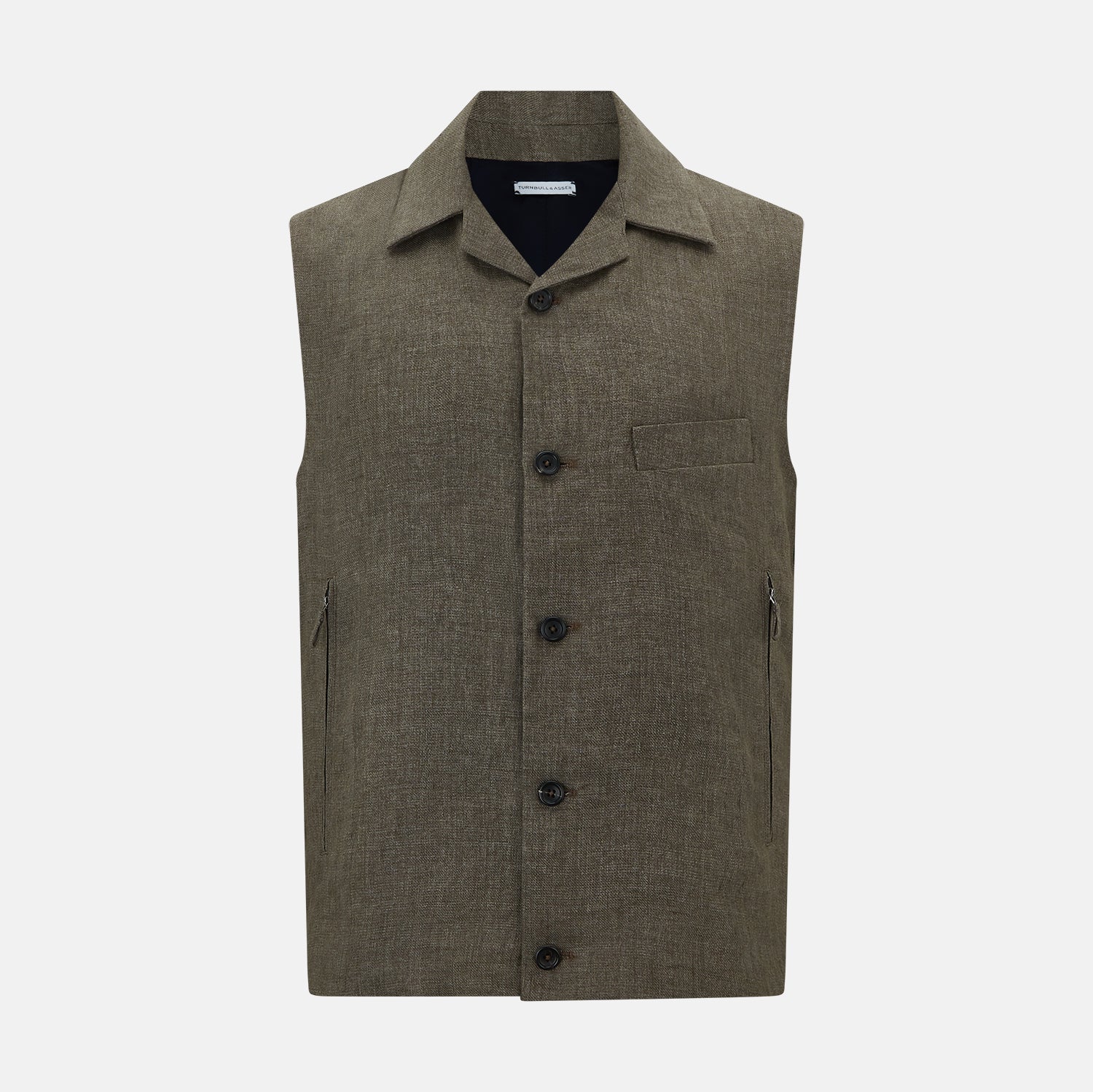 View 1 of product The Turnbull & Asser Olive Collared Linen Waistcoat is a sleeveless olive waistcoat with a collar, front buttons, one chest pocket, and two zippered side pockets, shown against a plain white background.