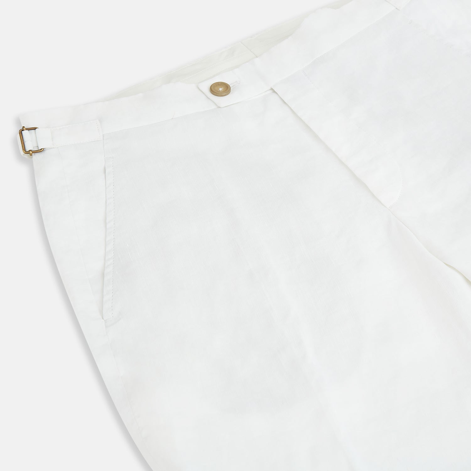 View 2 of product Turnbull & Asser White Linen Henry Trousers, featuring a straight-leg cut with front button and zip closure, are displayed against a plain white background.