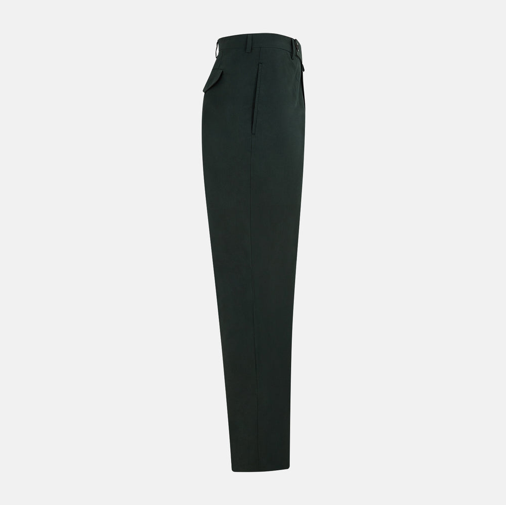 The Hunter Green Winston Trousers by Turnbull & Asser are crafted in high-twist cotton with straight legs, belt loops, button closure, and front zipper, shown against a plain light background.