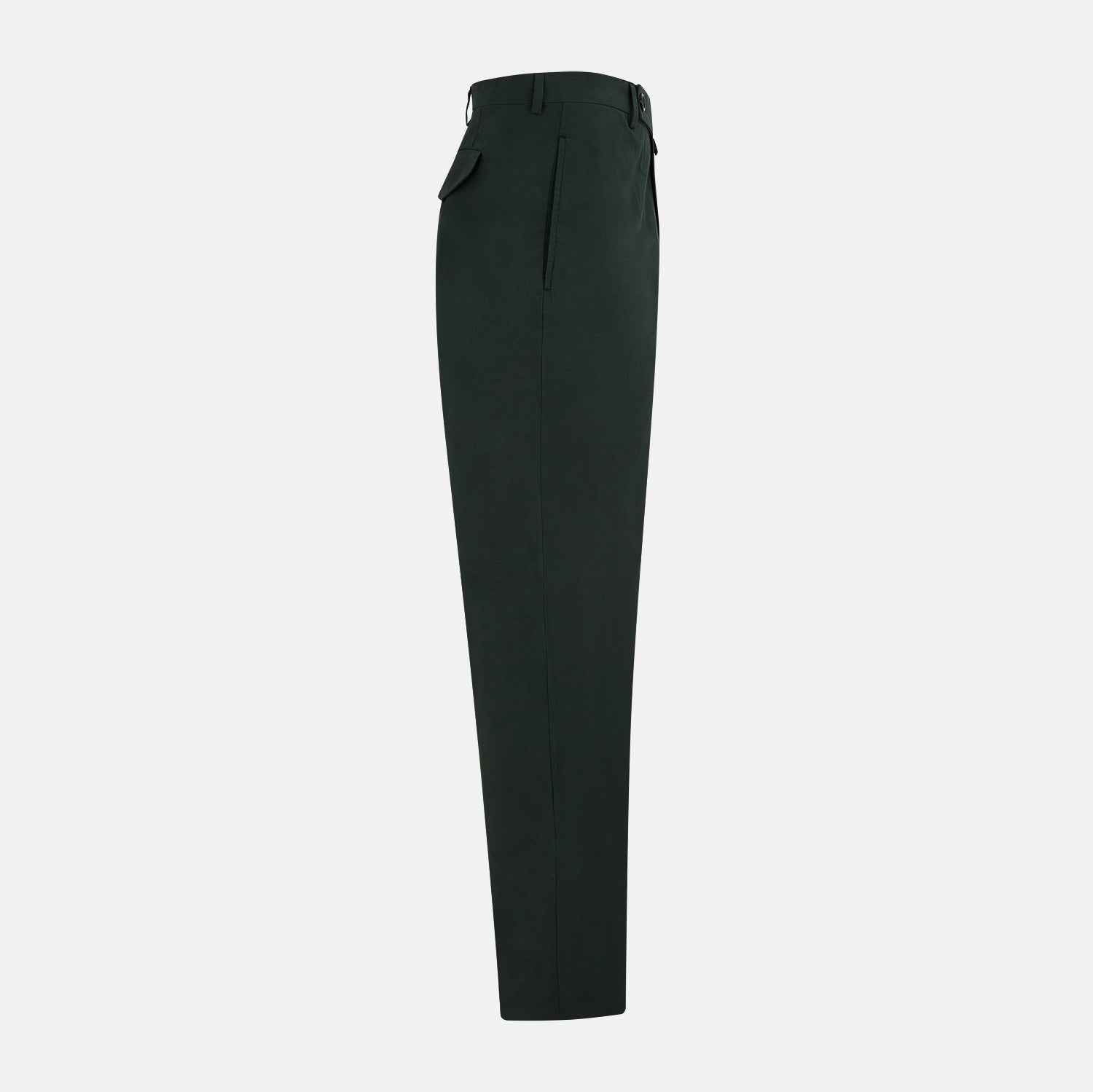 View 4 of product The Hunter Green Winston Trousers by Turnbull & Asser are crafted in high-twist cotton with straight legs, belt loops, button closure, and front zipper, shown against a plain light background.