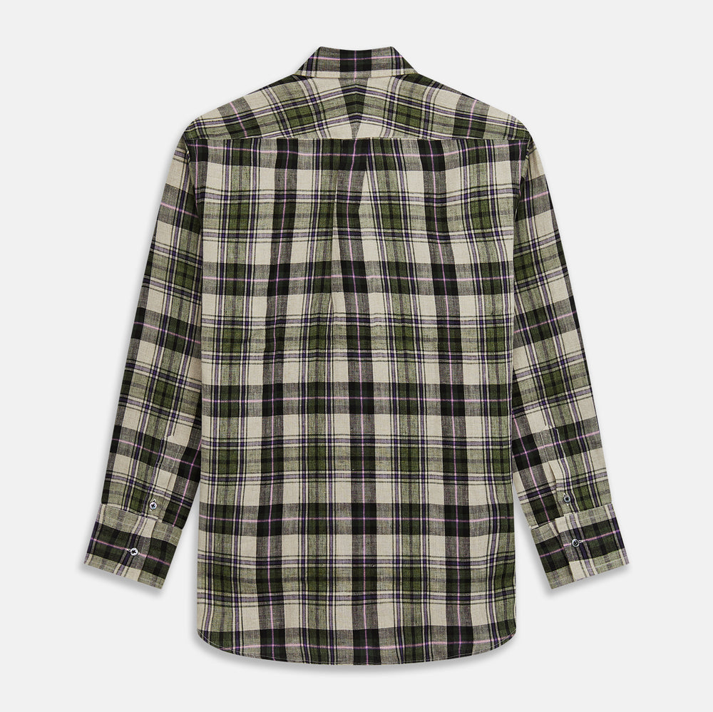 Turnbull & Asser Green & Purple Check Weekend Fit Linen Shirt with Dorset collar and 1-button cuffs, shown flat on a white background.