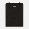 View 4 of product The Turnbull & Asser Dark Brown Cashmere V-Neck Jumper features long sleeves, ribbed cuffs, and a ribbed hem—timeless knitwear shown on a white background, perfect for elevating any wardrobe.