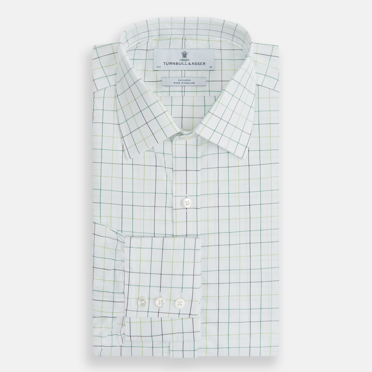 View 5 of product The Turnbull & Asser Dark Green Grid Check Mayfair Shirt features a white base with blue and dark green checks, a classic T&A collar, buttoned cuffs, and a Mayfair fit. The long-sleeve shirt is shown laid flat on a white background.