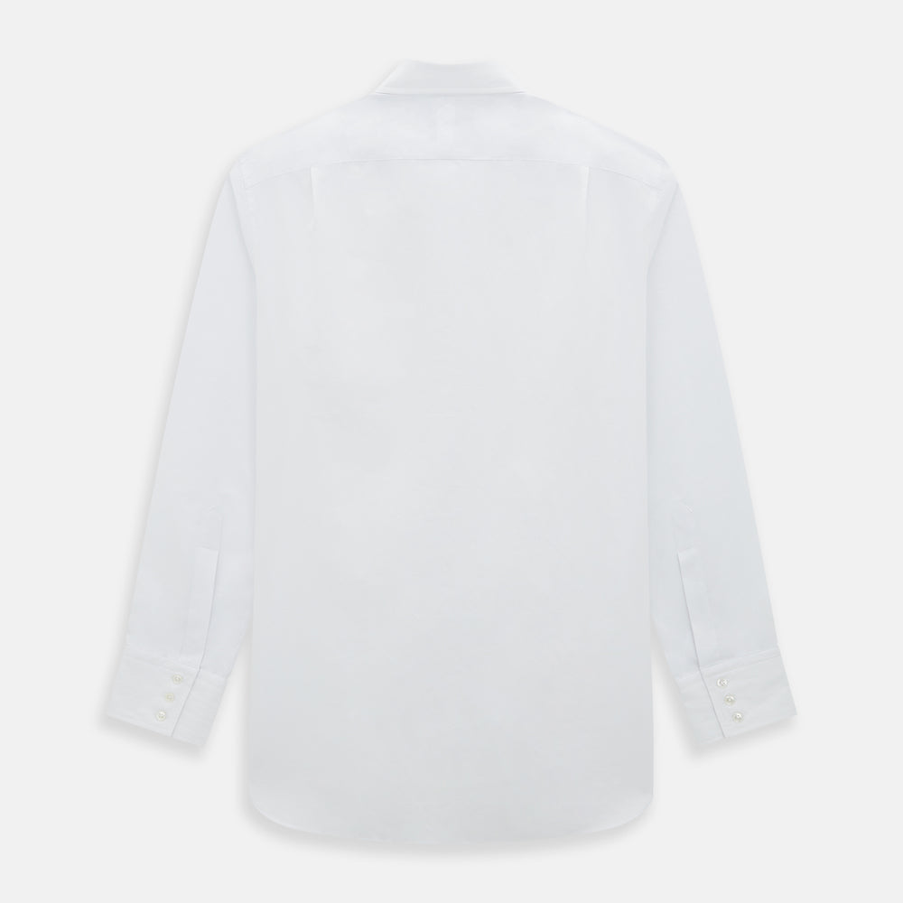 The White Mayfair Shirt by Turnbull & Asser features a classic collar, white buttons, and an inner branded label, all neatly crafted from premium sanforised cotton for lasting quality.