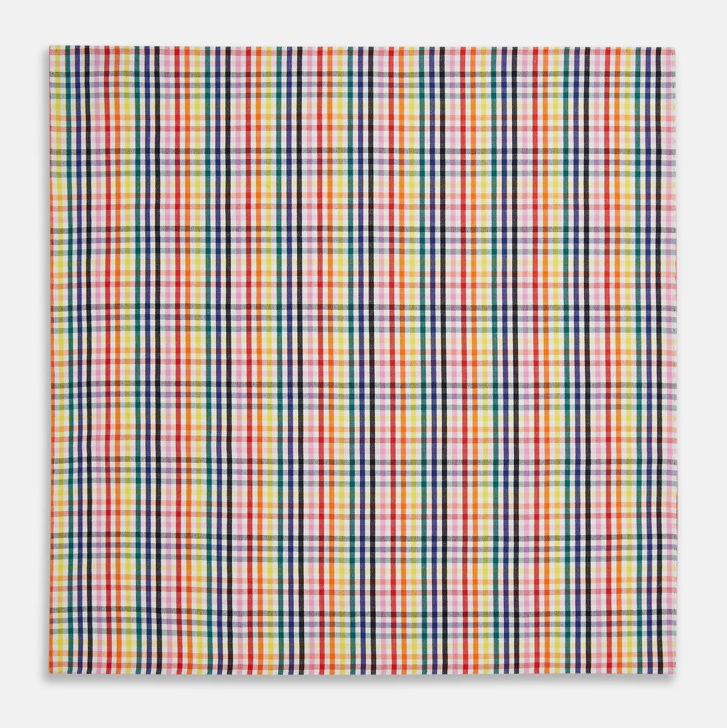 View 3 of product The Turnbull & Asser Hand Rolled Multi-coloured Grid Check Handkerchief features intersecting red, yellow, green, blue, and orange stripes on white—a vibrant and versatile gentleman’s accessory.