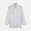 View 1 of product The Turnbull & Asser Brown and Blue Ticking Stripe Linen Shirt features a POW collar and 3-button cuffs, displayed against a light gray surface.