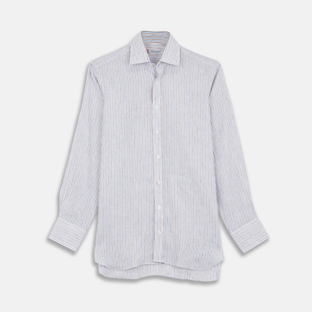 The Turnbull & Asser Brown and Blue Ticking Stripe Linen Shirt features a POW collar and 3-button cuffs, displayed against a light gray surface.