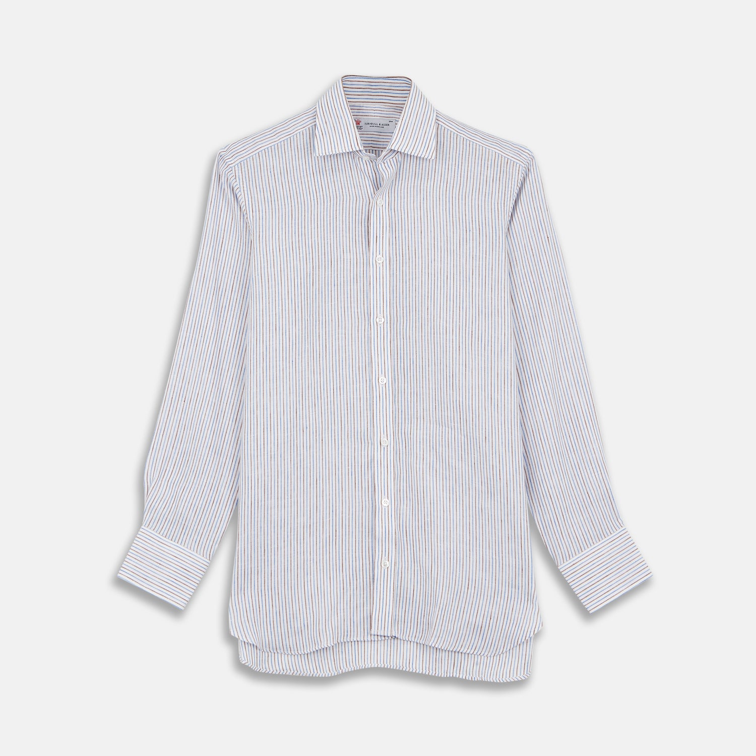 View 1 of product The Turnbull & Asser Brown and Blue Ticking Stripe Linen Shirt features a POW collar and 3-button cuffs, displayed against a light gray surface.