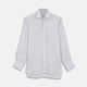 The Turnbull & Asser Brown and Blue Ticking Stripe Linen Shirt features a POW collar and 3-button cuffs, displayed against a light gray surface.