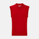 The Turnbull & Asser Red Fine Merino V-Neck Vest is a men's sleeveless jumper featuring ribbed edges, showcased against a plain white background.