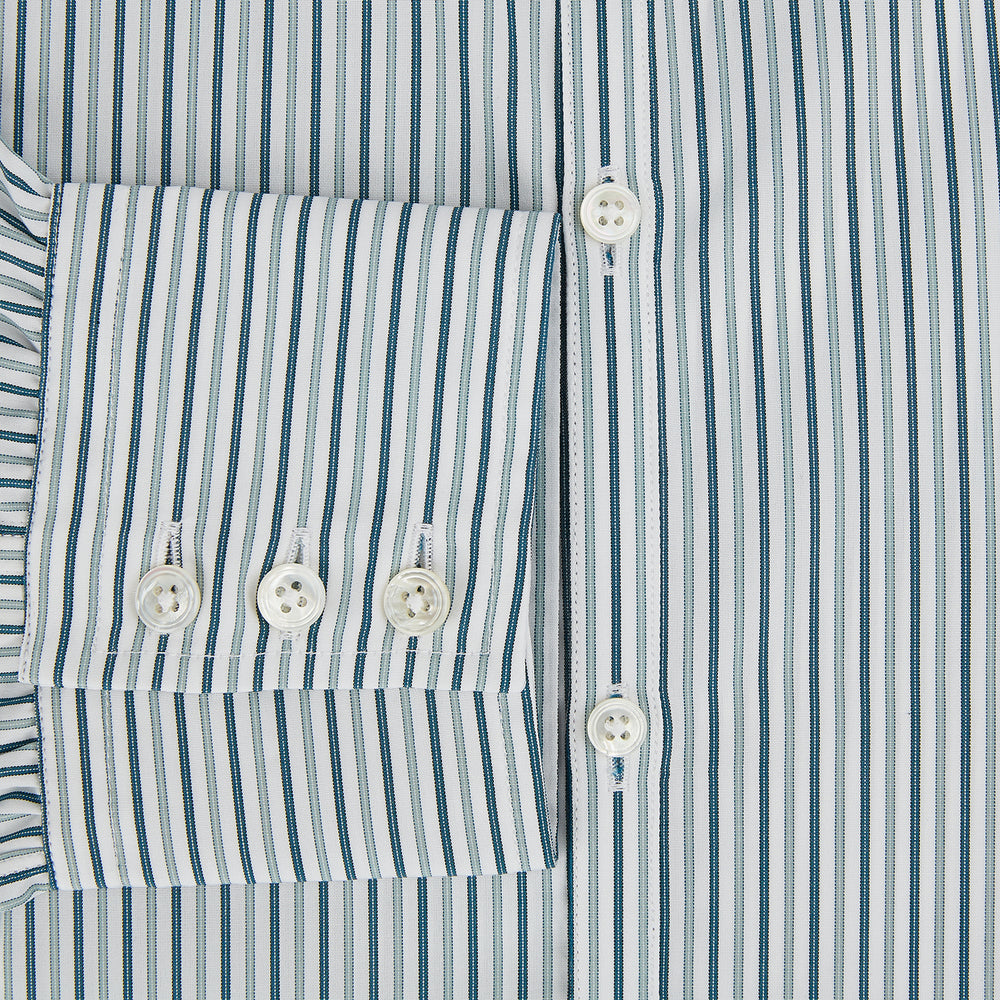 The GREEN DOUBLE STRIPE WESTMINSTER SHIRT by Turnbull & Asser features green and white vertical stripes, a pointed collar, buttoned cuffs, and a relaxed fit that highlights refined British craftsmanship.