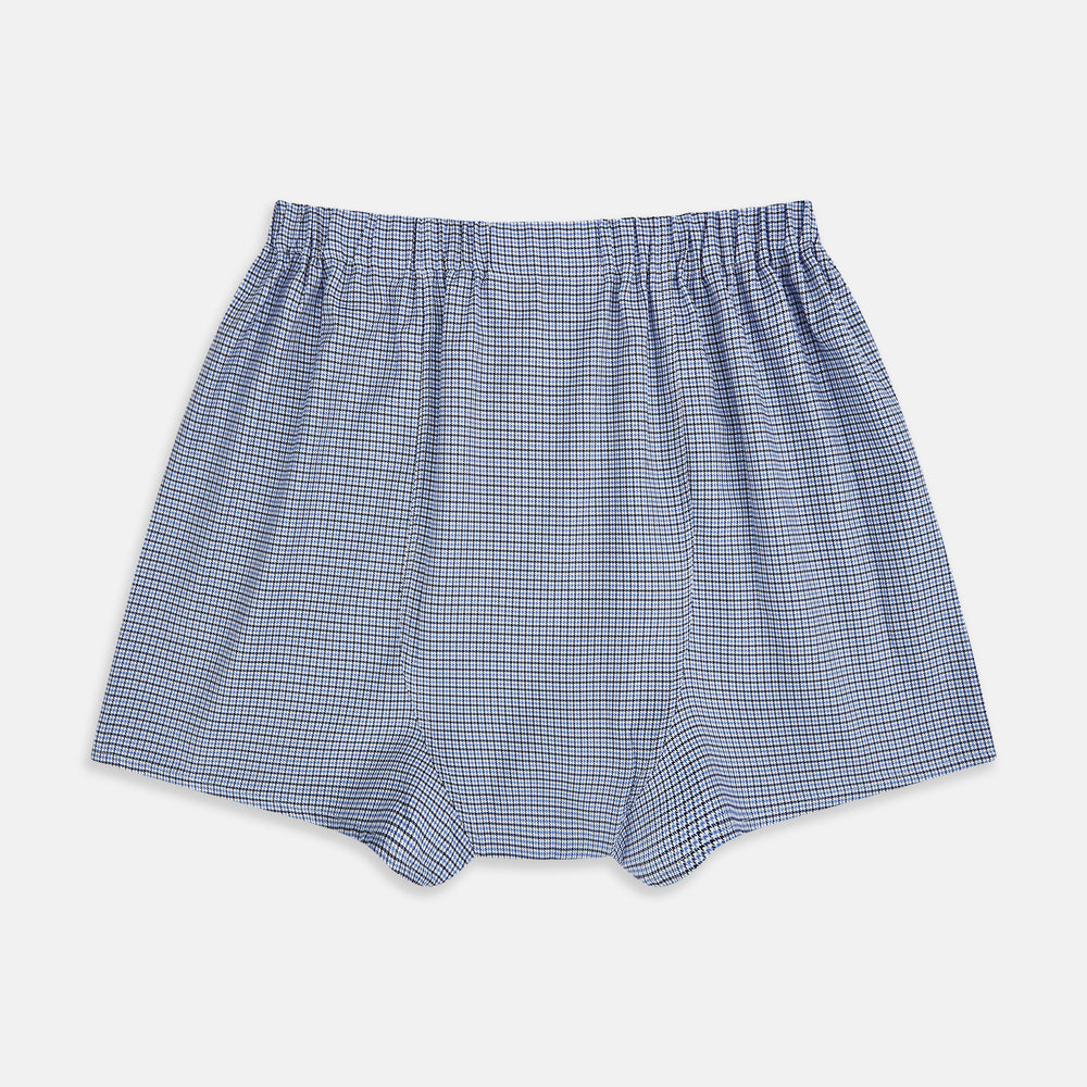 The Blue Houndstooth Godfrey Boxer Shorts by Turnbull & Asser feature Italian cotton and an elastic waistband—ideal for anyone seeking luxurious men's underwear.