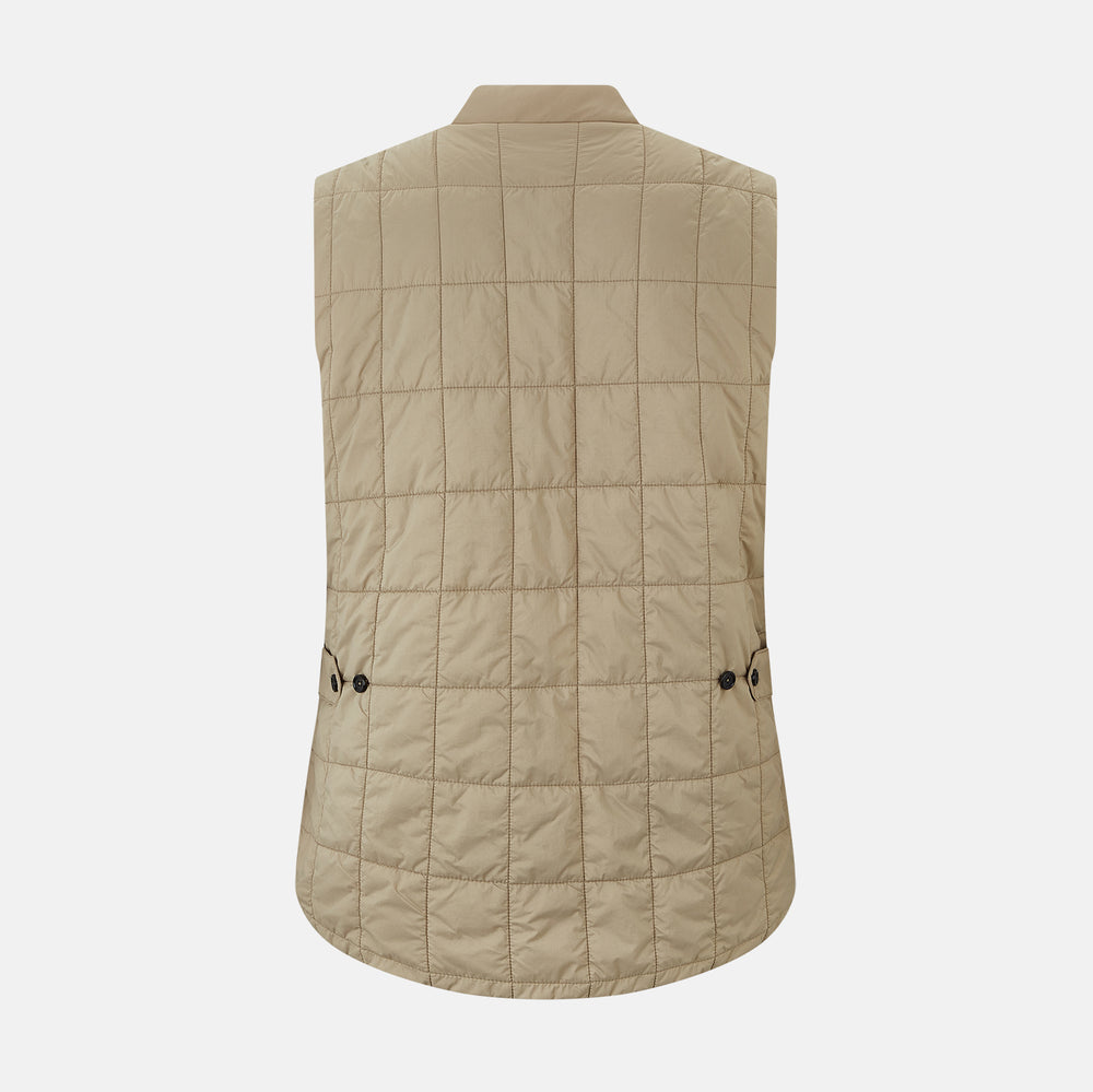 The Turnbull & Asser Sand Quilted Gilet is a beige, lightweight vest featuring a front zipper, two zippered side pockets, a chest pocket, and a rounded hem, shown against a white background.