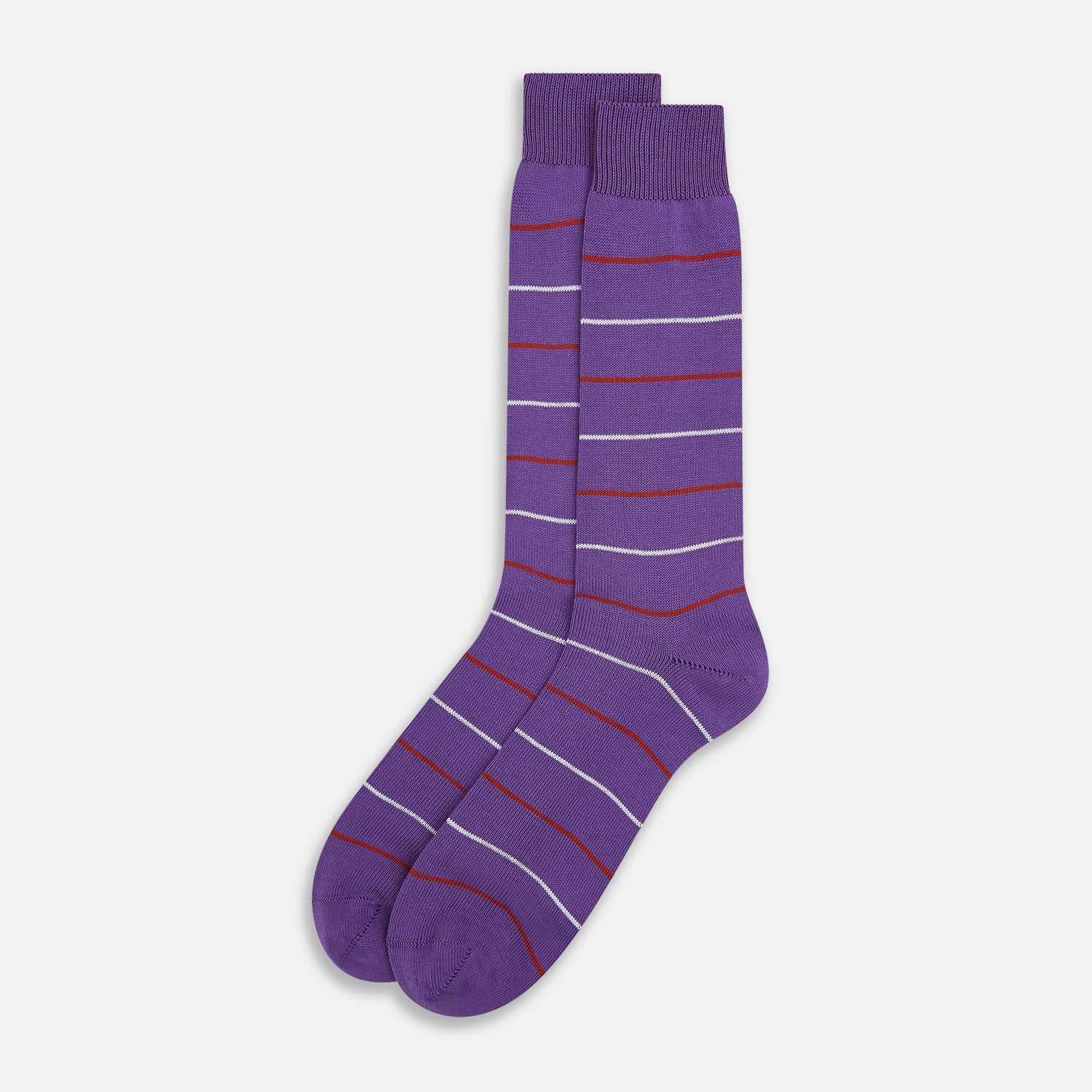 View 2 of product The Purple Striped Mid-Length Socks by Turnbull & Asser feature thin white and reddish-brown stripes on a purple background—ideal for fans of stylish striped socks.
