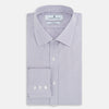 View 5 of product The Turnbull & Asser Purple Micro Check Mayfair Shirt features long sleeves, button-up front, pointed collar, and buttoned cuffs in a subtle lilac and white check, exemplifying British craftsmanship and displayed on a white background.