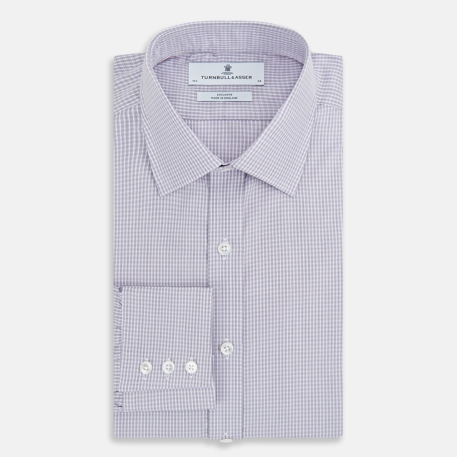 View 5 of product The Turnbull & Asser Purple Micro Check Mayfair Shirt features long sleeves, button-up front, pointed collar, and buttoned cuffs in a subtle lilac and white check, exemplifying British craftsmanship and displayed on a white background.