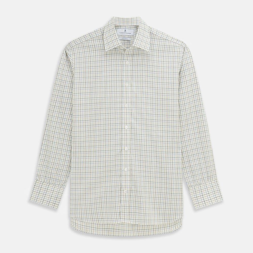 A Turnbull & Asser Green Tattersall Check Cashmerello Regular Fit Mayfair Shirt, featuring a long-sleeve button-up style with a green checkered pattern, is displayed on a plain white surface.