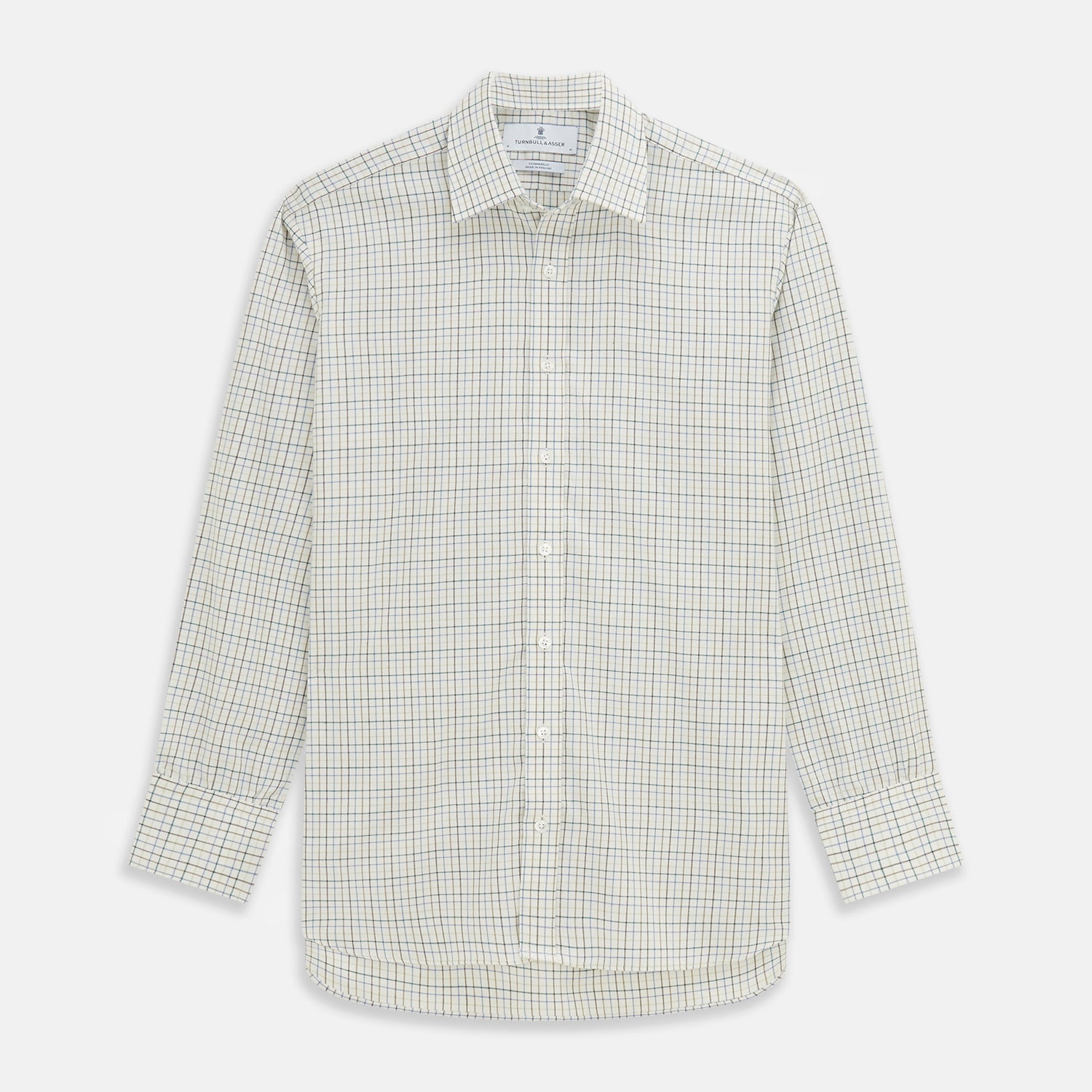 View 1 of product A Turnbull & Asser Green Tattersall Check Cashmerello Regular Fit Mayfair Shirt, featuring a long-sleeve button-up style with a green checkered pattern, is displayed on a plain white surface.