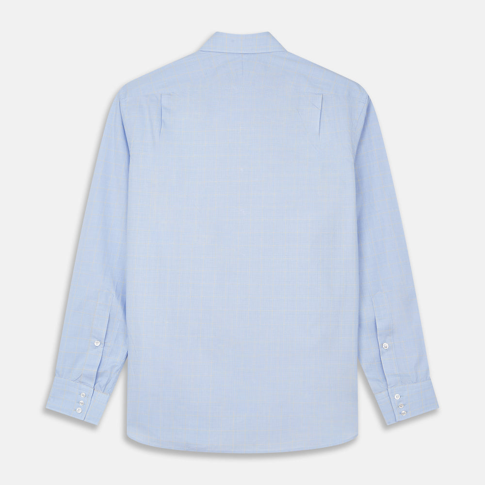 The Yellow and Blue Prince of Wales Check Belgravia Shirt by Turnbull & Asser features a classic collar, white buttons, long sleeves, and a checked pattern, displayed laid flat on a white background.