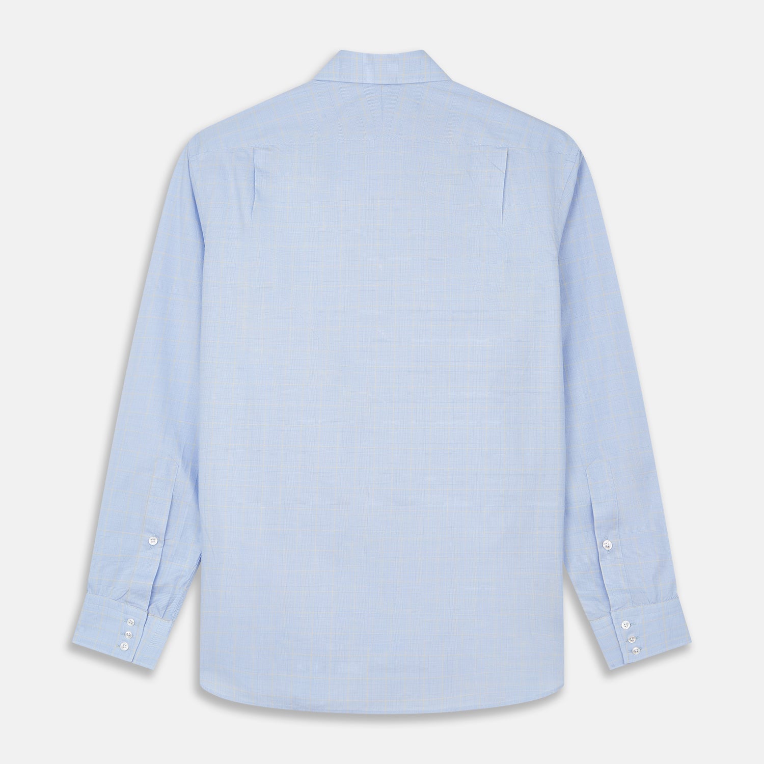 View 5 of product The Yellow and Blue Prince of Wales Check Belgravia Shirt by Turnbull & Asser features a classic collar, white buttons, long sleeves, and a checked pattern, displayed laid flat on a white background.